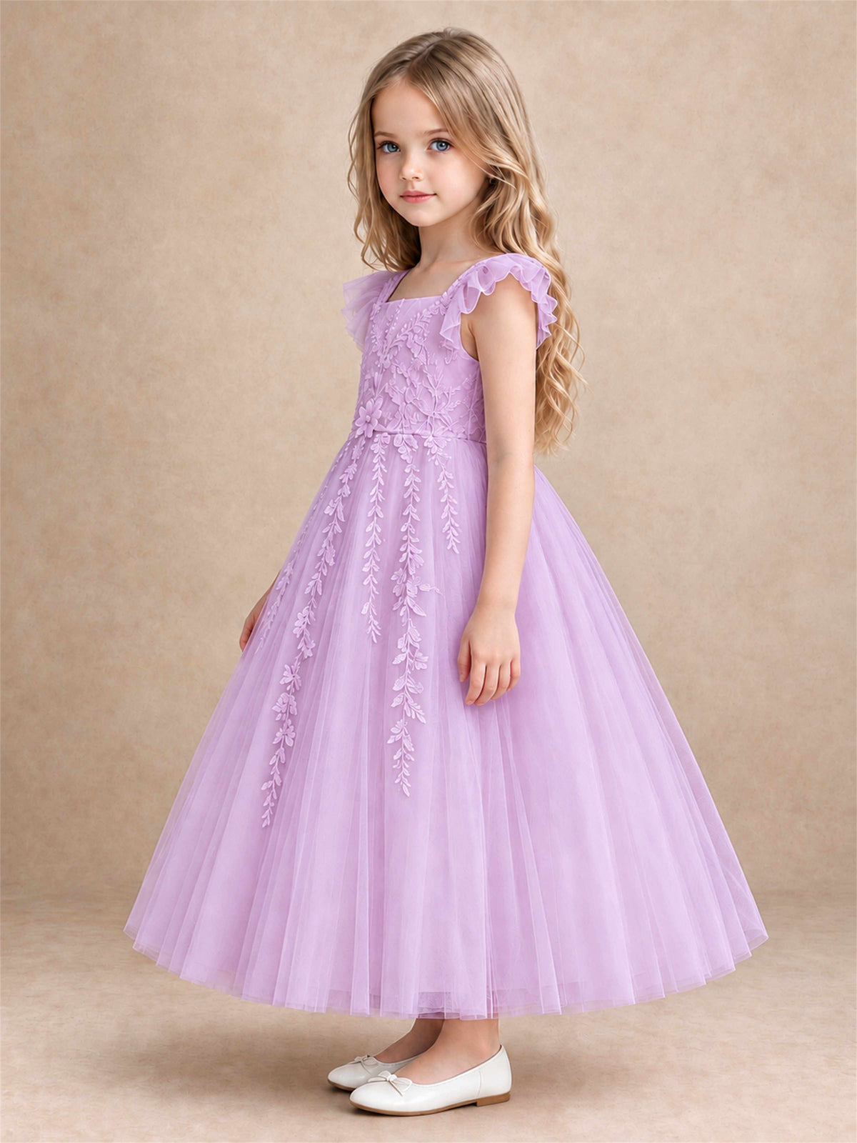 Girls Lace Tulle Flower Girl Dress Square Neck Ruffle Sleeve Princess Gown for Wedding First Communion