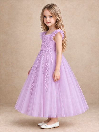 Girls Lace Tulle Flower Girl Dress Square Neck Ruffle Sleeve Princess Gown for Wedding First Communion