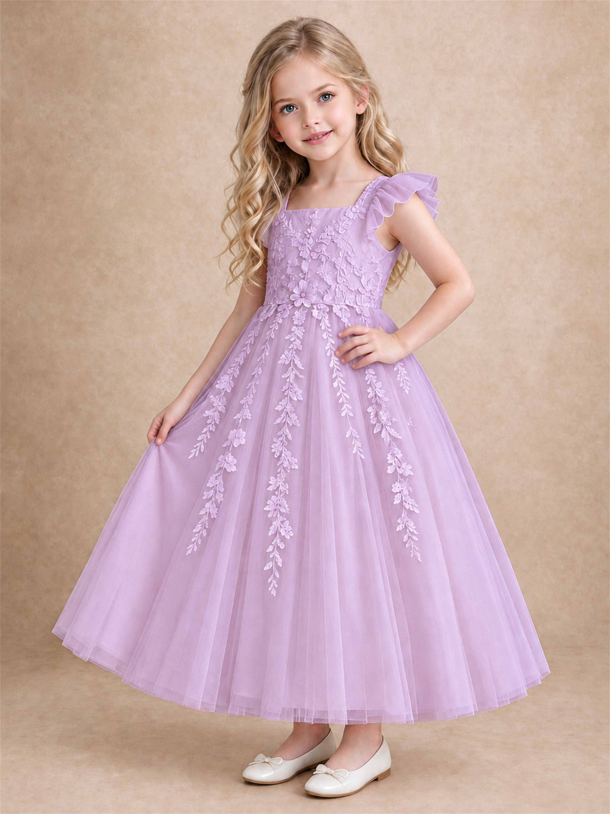 Girls Lace Tulle Flower Girl Dress Square Neck Ruffle Sleeve Princess Gown for Wedding First Communion