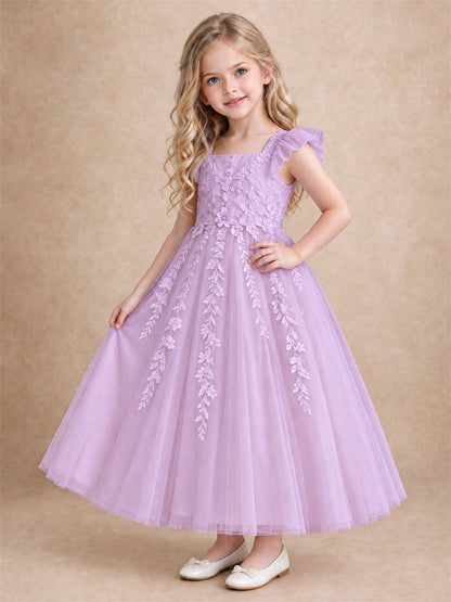 Girls Lace Tulle Flower Girl Dress Square Neck Ruffle Sleeve Princess Gown for Wedding First Communion