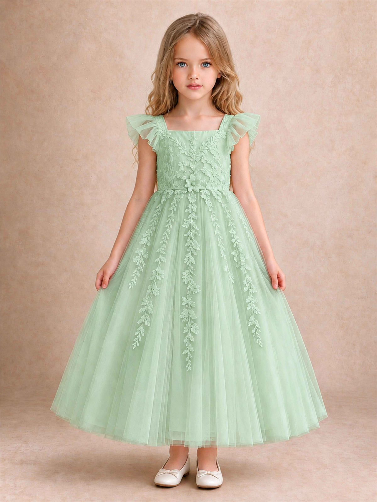 Girls Lace Tulle Flower Girl Dress Square Neck Ruffle Sleeve Princess Gown for Wedding First Communion