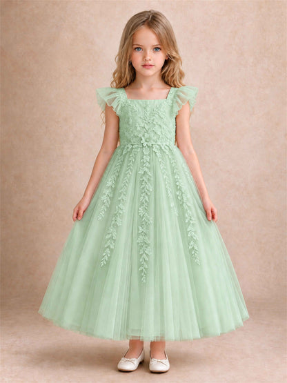Girls Lace Tulle Flower Girl Dress Square Neck Ruffle Sleeve Princess Gown for Wedding First Communion