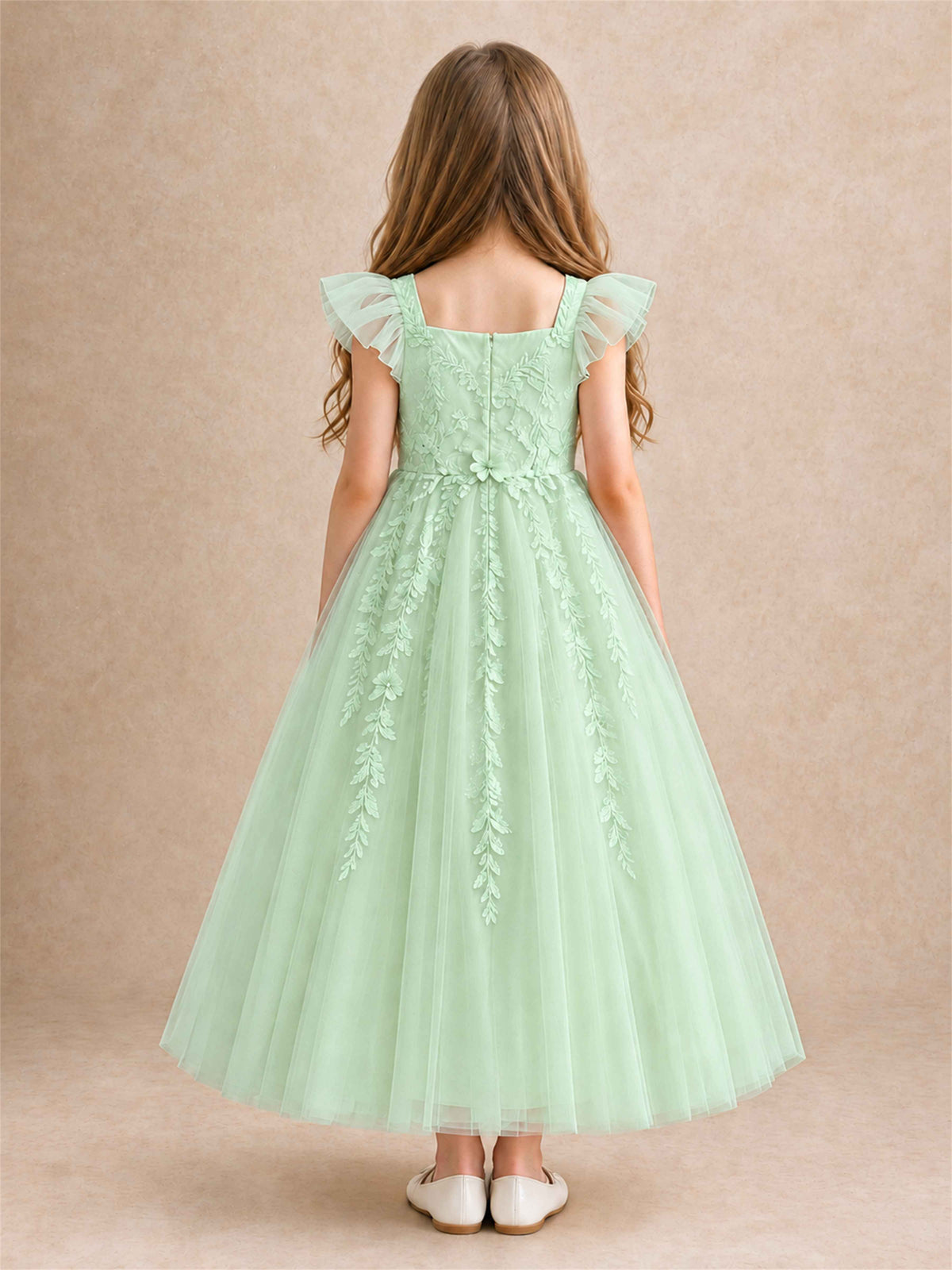 Girls Lace Tulle Flower Girl Dress Square Neck Ruffle Sleeve Princess Gown for Wedding First Communion