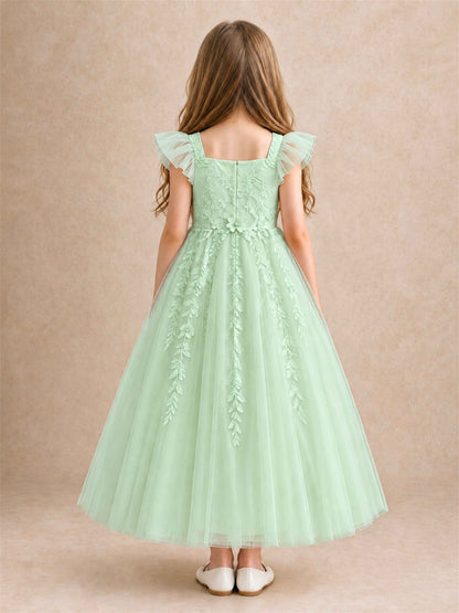 Girls Lace Tulle Flower Girl Dress Square Neck Ruffle Sleeve Princess Gown for Wedding First Communion