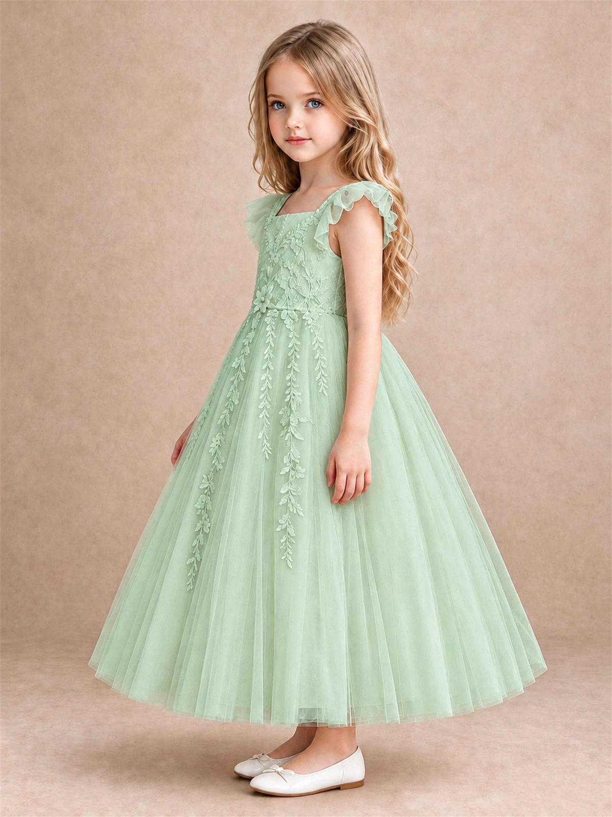 Girls Lace Tulle Flower Girl Dress Square Neck Ruffle Sleeve Princess Gown for Wedding First Communion