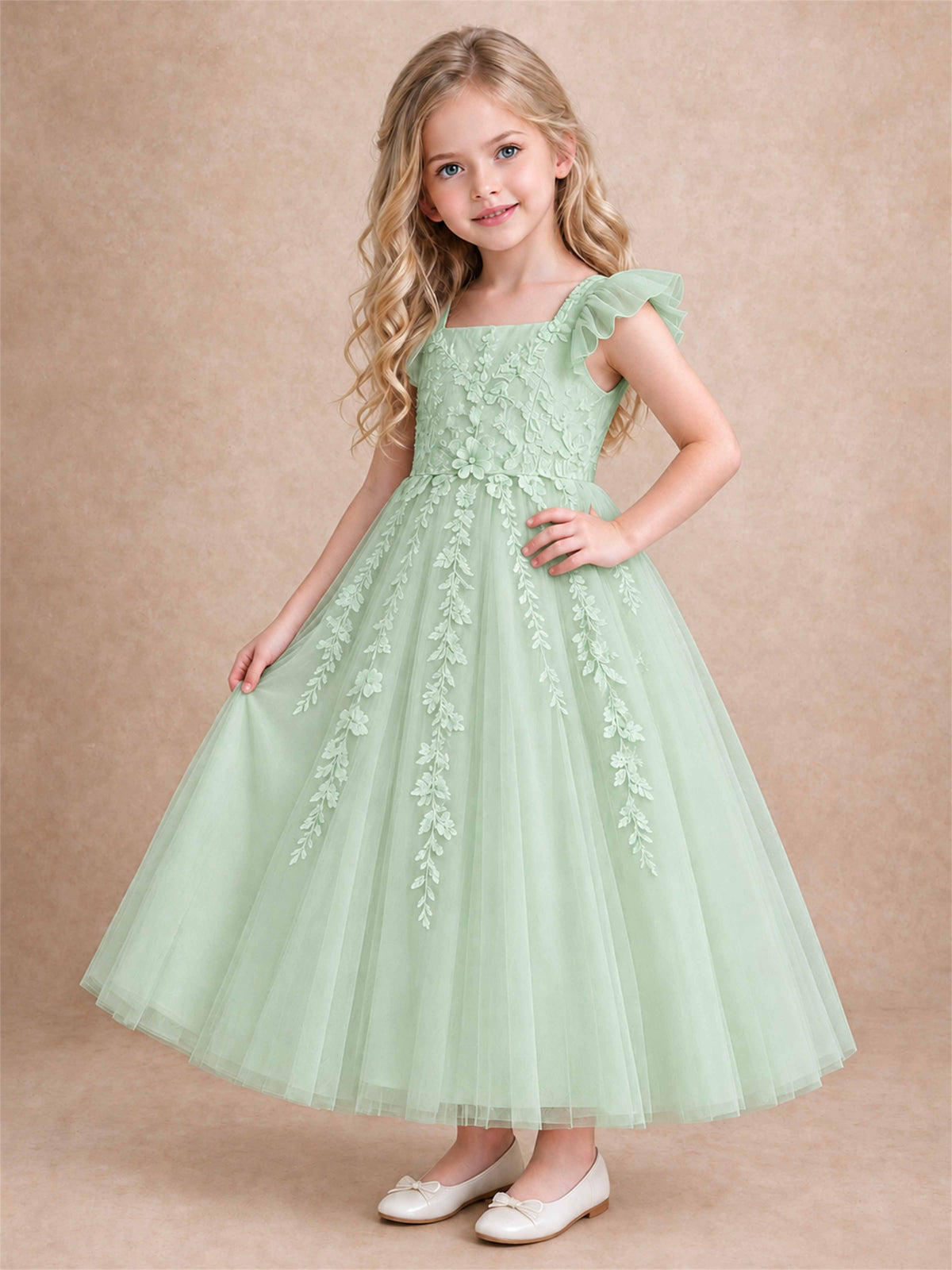 Girls Lace Tulle Flower Girl Dress Square Neck Ruffle Sleeve Princess Gown for Wedding First Communion