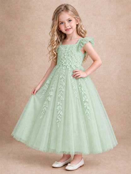 Girls Lace Tulle Flower Girl Dress Square Neck Ruffle Sleeve Princess Gown for Wedding First Communion