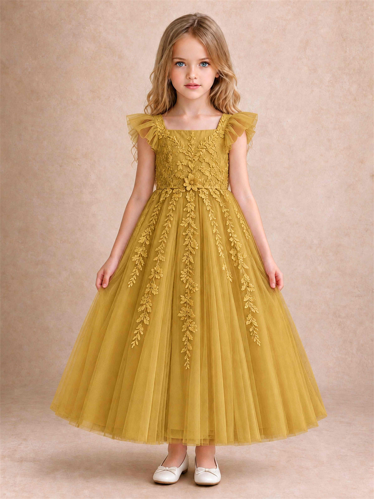 Girls Lace Tulle Flower Girl Dress Square Neck Ruffle Sleeve Princess Gown for Wedding First Communion