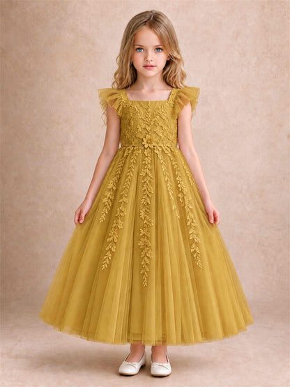 Girls Lace Tulle Flower Girl Dress Square Neck Ruffle Sleeve Princess Gown for Wedding First Communion