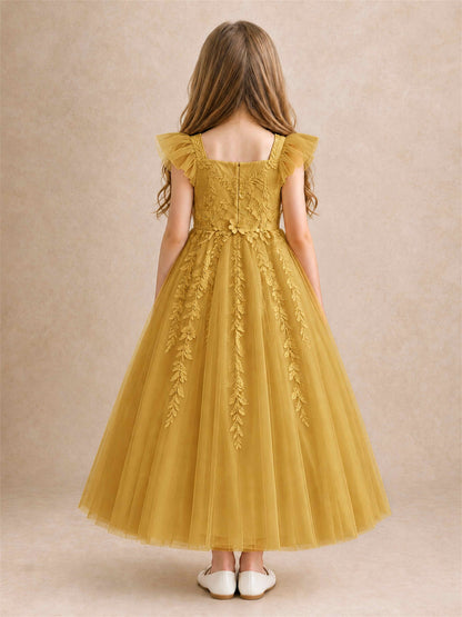 Girls Lace Tulle Flower Girl Dress Square Neck Ruffle Sleeve Princess Gown for Wedding First Communion