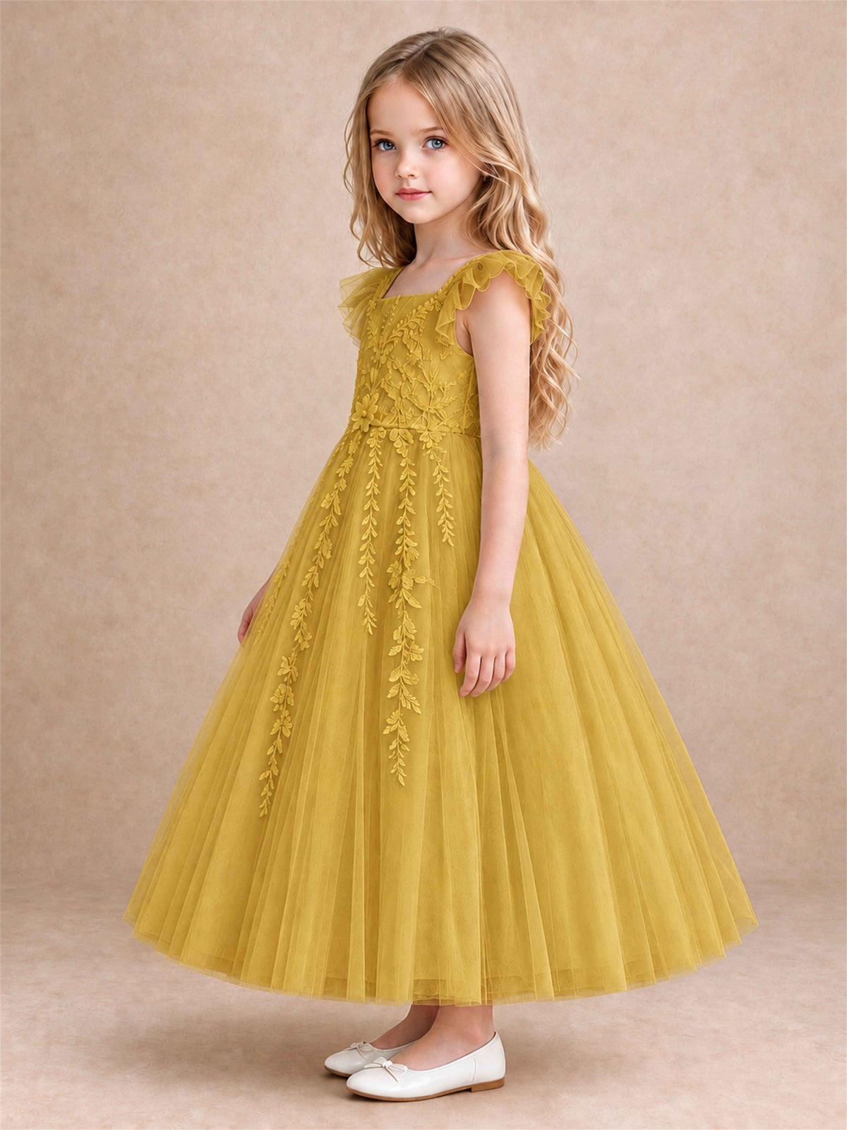 Girls Lace Tulle Flower Girl Dress Square Neck Ruffle Sleeve Princess Gown for Wedding First Communion