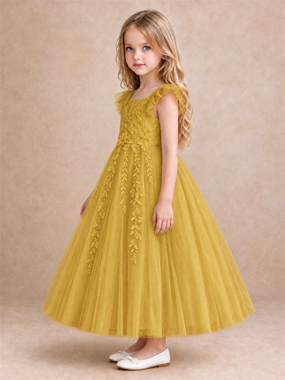 Girls Lace Tulle Flower Girl Dress Square Neck Ruffle Sleeve Princess Gown for Wedding First Communion