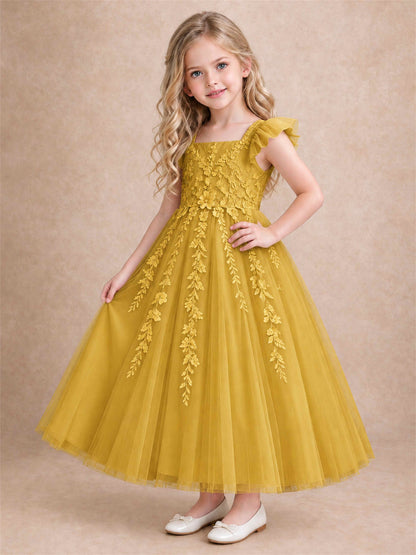 Girls Lace Tulle Flower Girl Dress Square Neck Ruffle Sleeve Princess Gown for Wedding First Communion