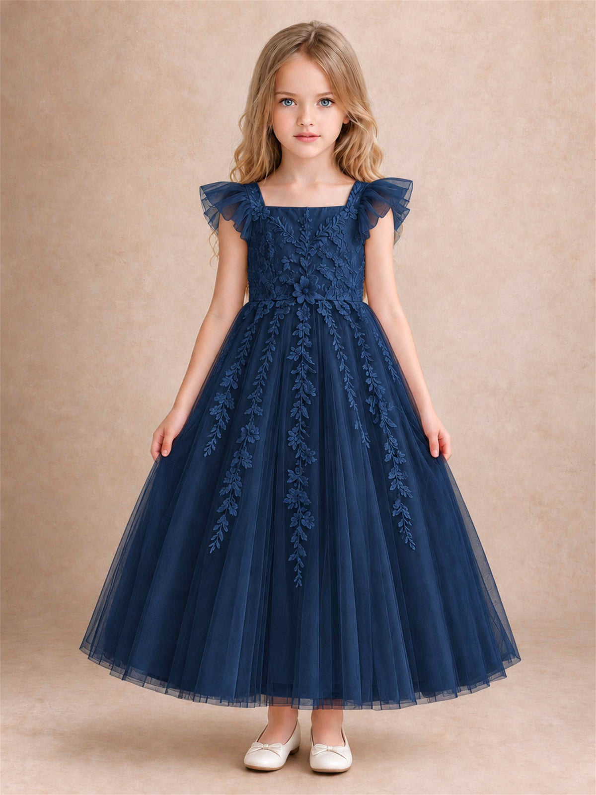 Girls Lace Tulle Flower Girl Dress Square Neck Ruffle Sleeve Princess Gown for Wedding First Communion