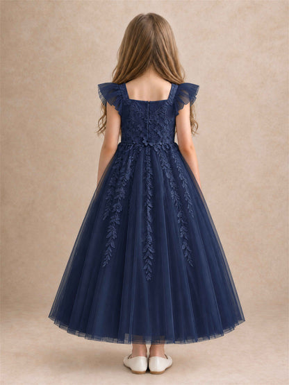 Girls Lace Tulle Flower Girl Dress Square Neck Ruffle Sleeve Princess Gown for Wedding First Communion