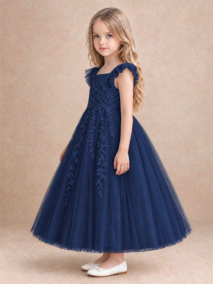 Girls Lace Tulle Flower Girl Dress Square Neck Ruffle Sleeve Princess Gown for Wedding First Communion