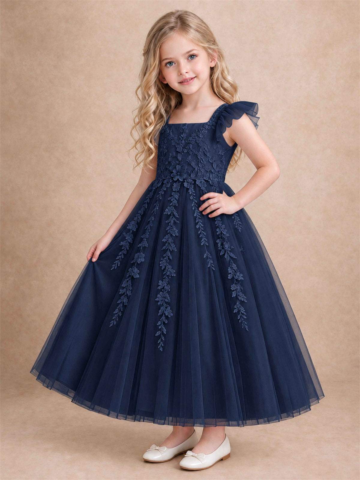 Girls Lace Tulle Flower Girl Dress Square Neck Ruffle Sleeve Princess Gown for Wedding First Communion