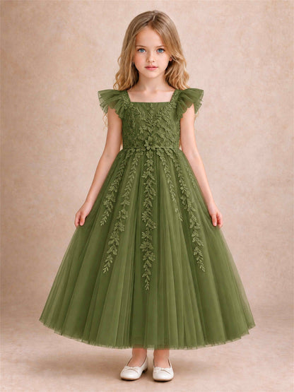 Girls Lace Tulle Flower Girl Dress Square Neck Ruffle Sleeve Princess Gown for Wedding First Communion