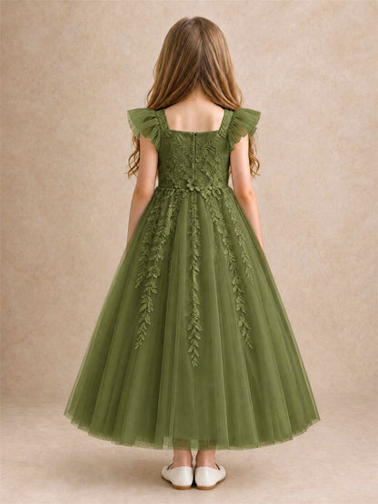 Girls Lace Tulle Flower Girl Dress Square Neck Ruffle Sleeve Princess Gown for Wedding First Communion