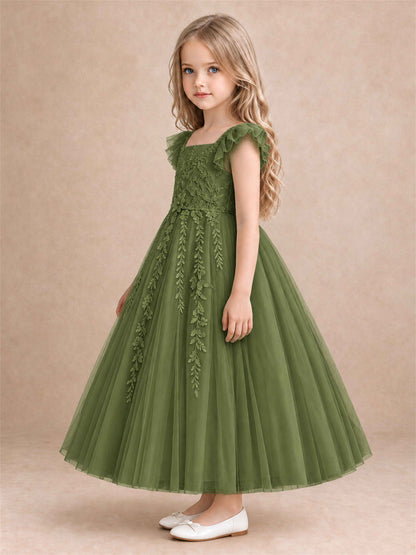 Girls Lace Tulle Flower Girl Dress Square Neck Ruffle Sleeve Princess Gown for Wedding First Communion