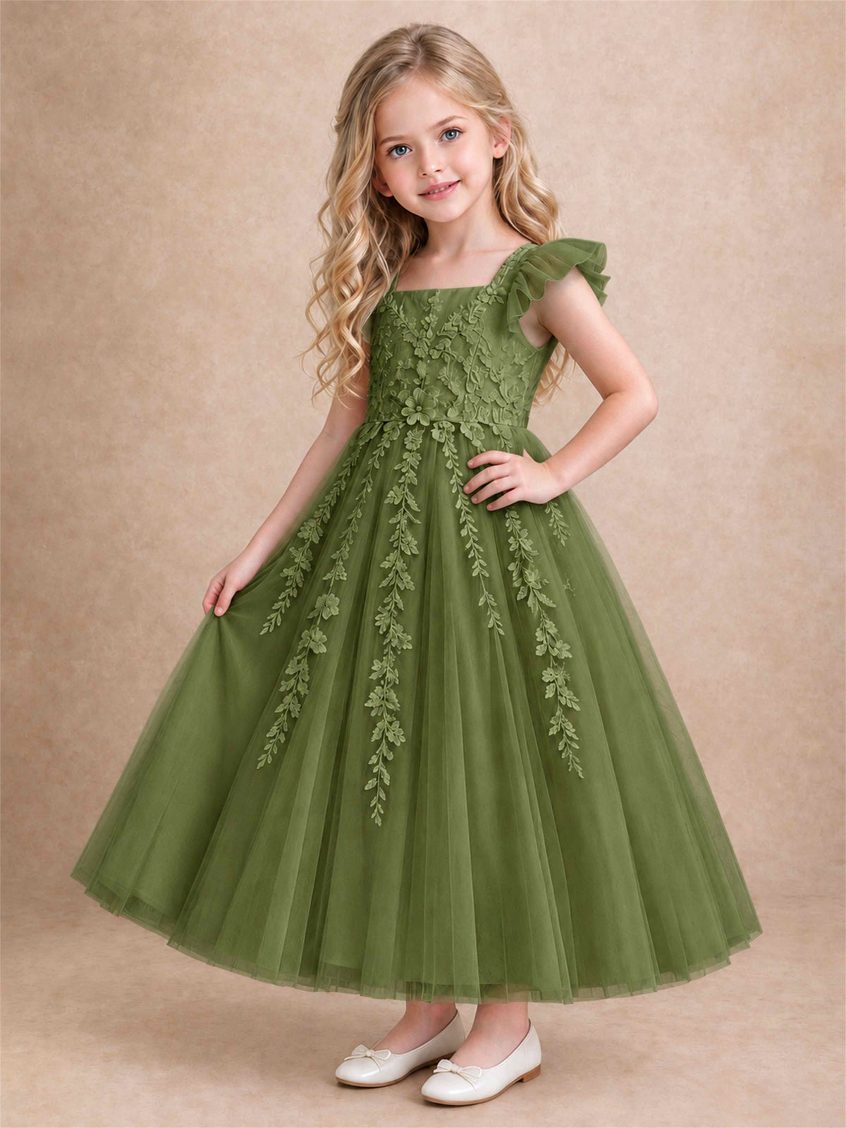 Girls Lace Tulle Flower Girl Dress Square Neck Ruffle Sleeve Princess Gown for Wedding First Communion