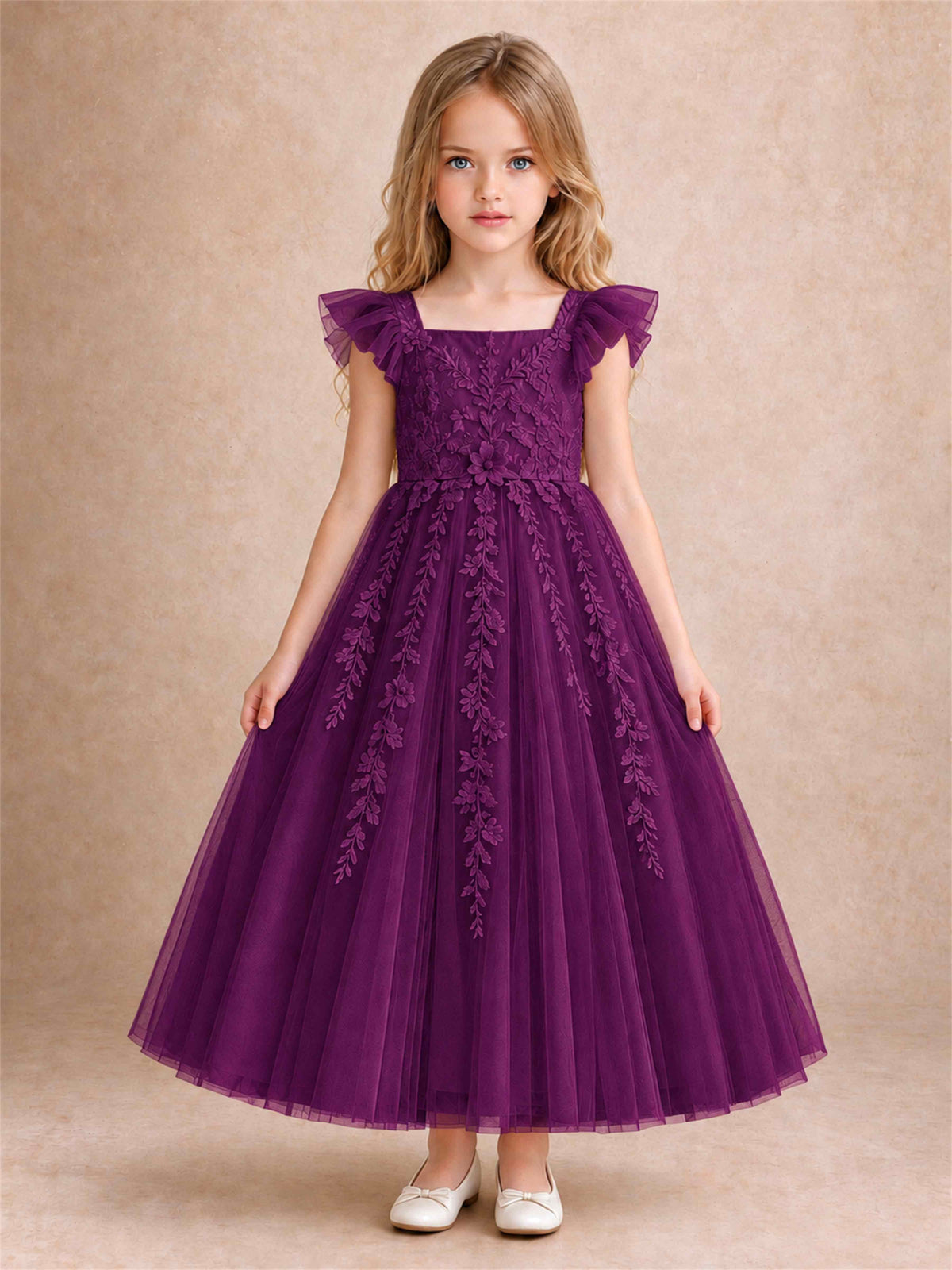 Girls Lace Tulle Flower Girl Dress Square Neck Ruffle Sleeve Princess Gown for Wedding First Communion