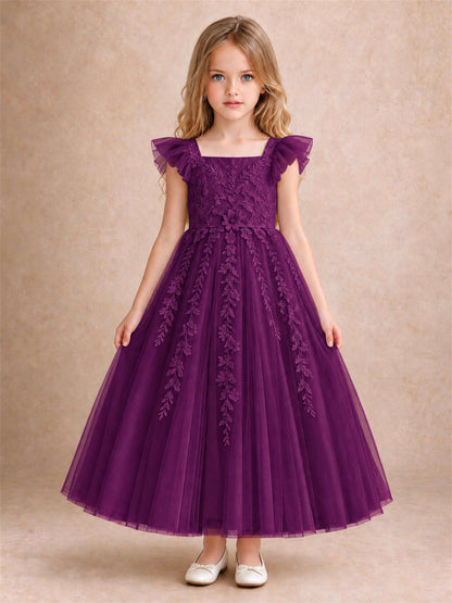 Girls Lace Tulle Flower Girl Dress Square Neck Ruffle Sleeve Princess Gown for Wedding First Communion