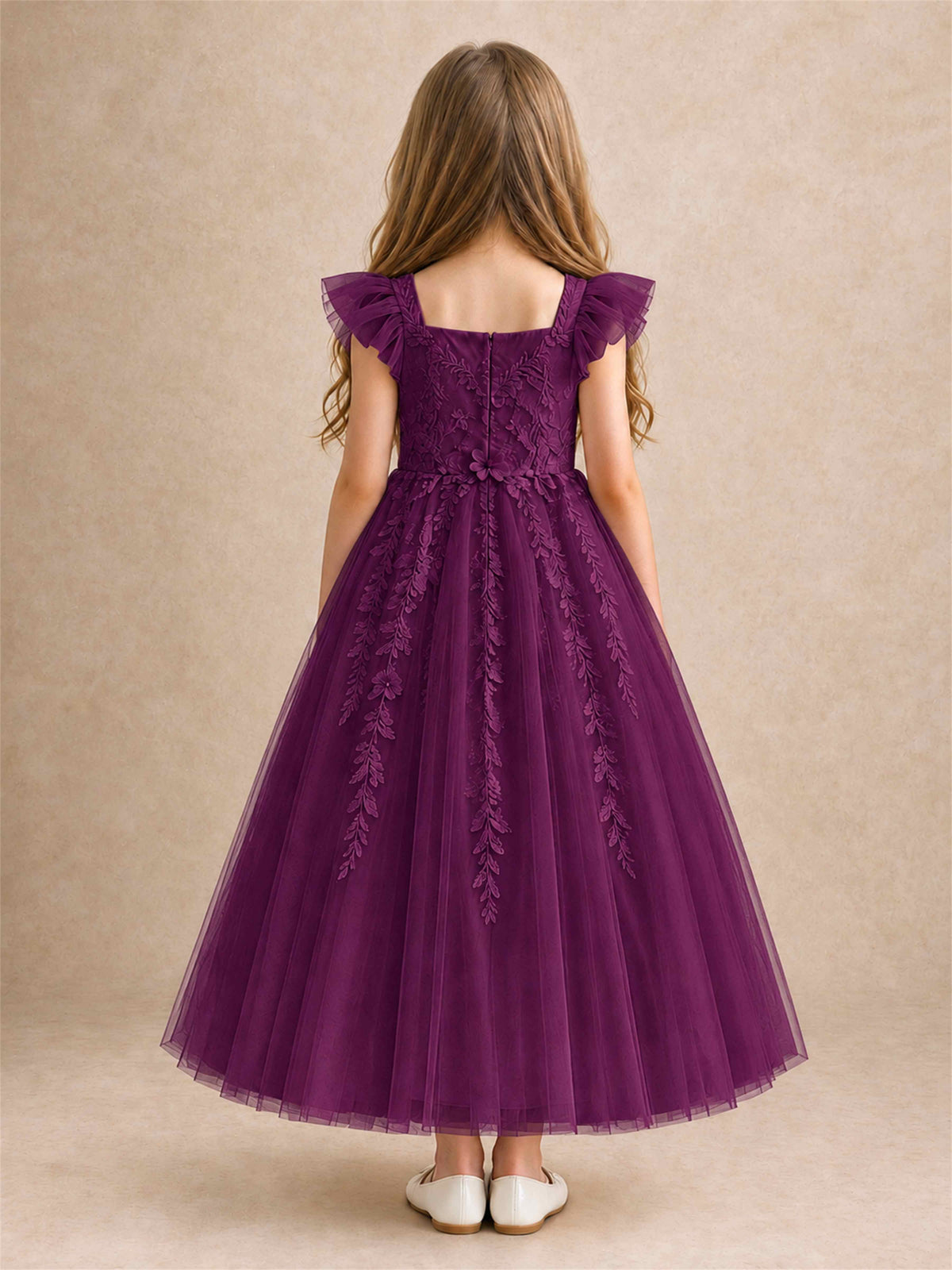 Girls Lace Tulle Flower Girl Dress Square Neck Ruffle Sleeve Princess Gown for Wedding First Communion