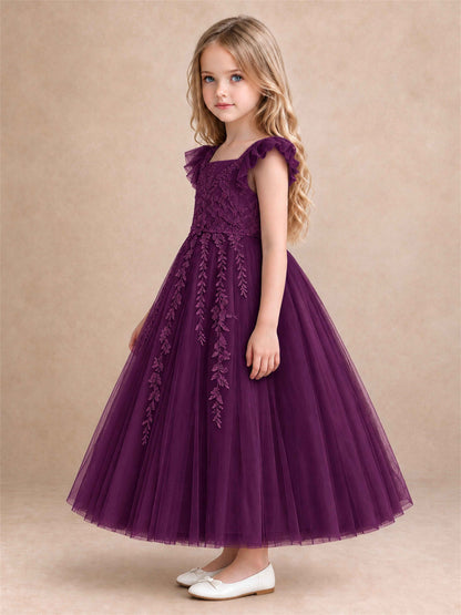Girls Lace Tulle Flower Girl Dress Square Neck Ruffle Sleeve Princess Gown for Wedding First Communion