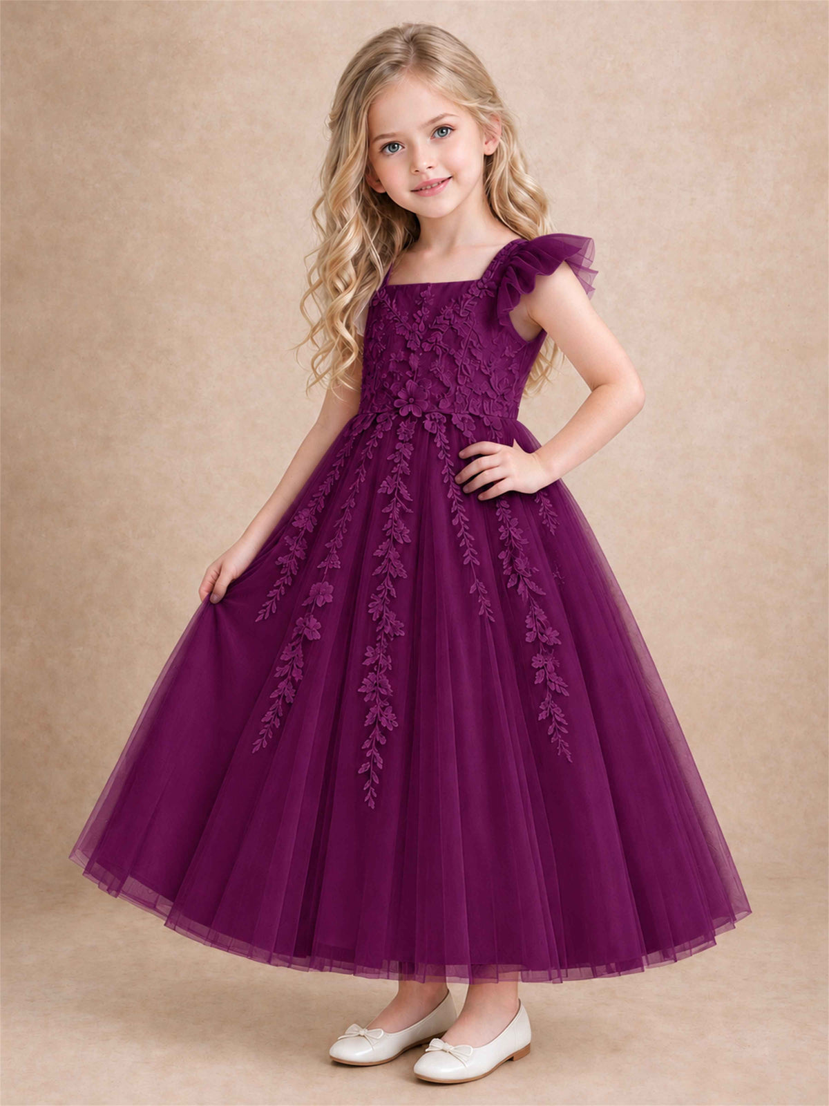 Girls Lace Tulle Flower Girl Dress Square Neck Ruffle Sleeve Princess Gown for Wedding First Communion