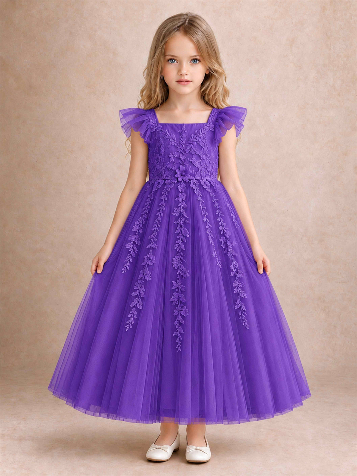 Girls Lace Tulle Flower Girl Dress Square Neck Ruffle Sleeve Princess Gown for Wedding First Communion