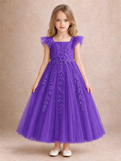 Girls Lace Tulle Flower Girl Dress Square Neck Ruffle Sleeve Princess Gown for Wedding First Communion