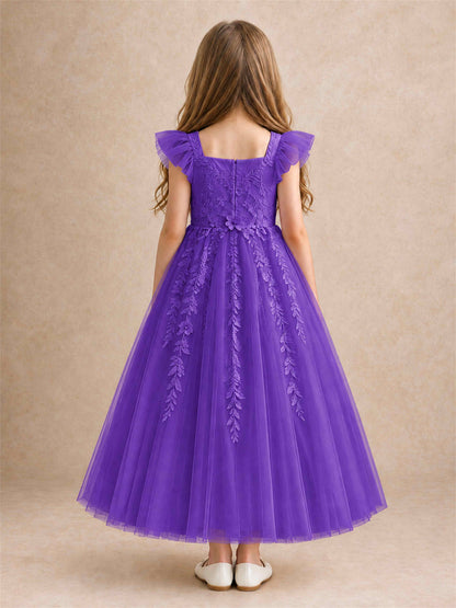Girls Lace Tulle Flower Girl Dress Square Neck Ruffle Sleeve Princess Gown for Wedding First Communion
