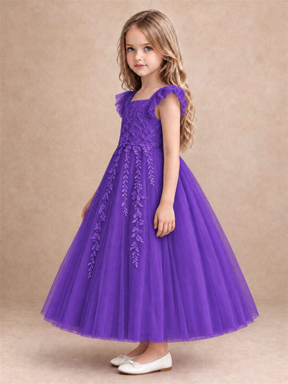 Girls Lace Tulle Flower Girl Dress Square Neck Ruffle Sleeve Princess Gown for Wedding First Communion