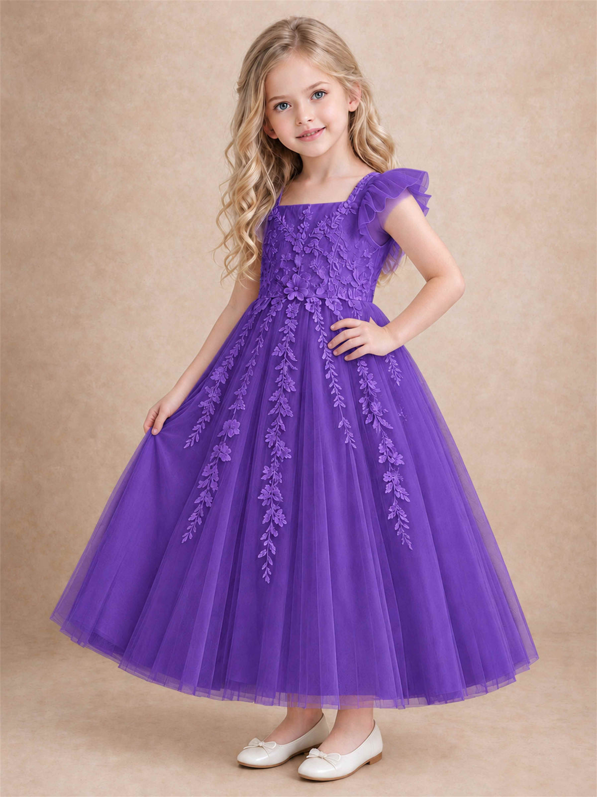 Girls Lace Tulle Flower Girl Dress Square Neck Ruffle Sleeve Princess Gown for Wedding First Communion