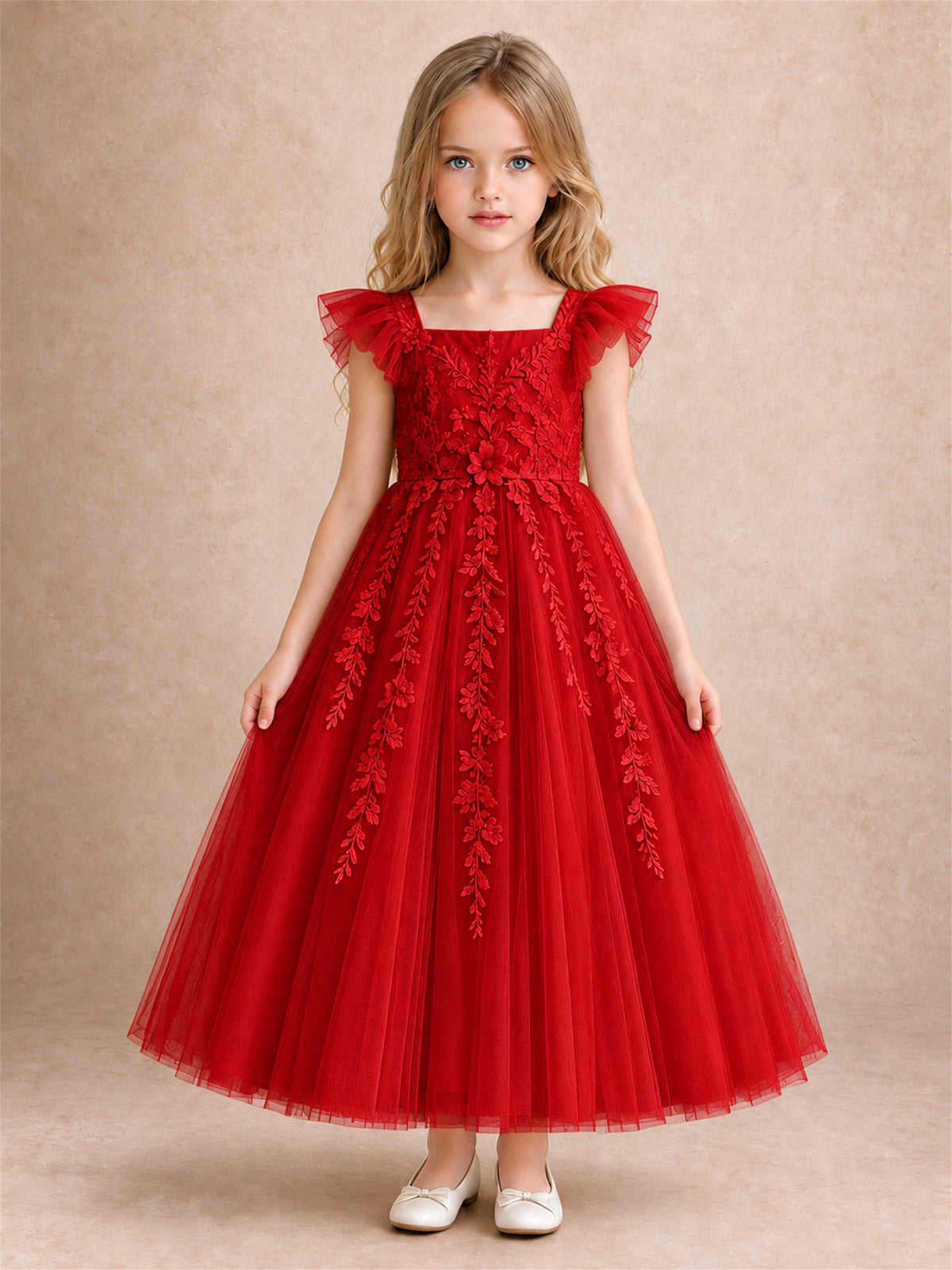 Girls Lace Tulle Flower Girl Dress Square Neck Ruffle Sleeve Princess Gown for Wedding First Communion