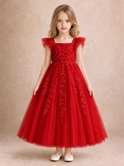 Girls Lace Tulle Flower Girl Dress Square Neck Ruffle Sleeve Princess Gown for Wedding First Communion