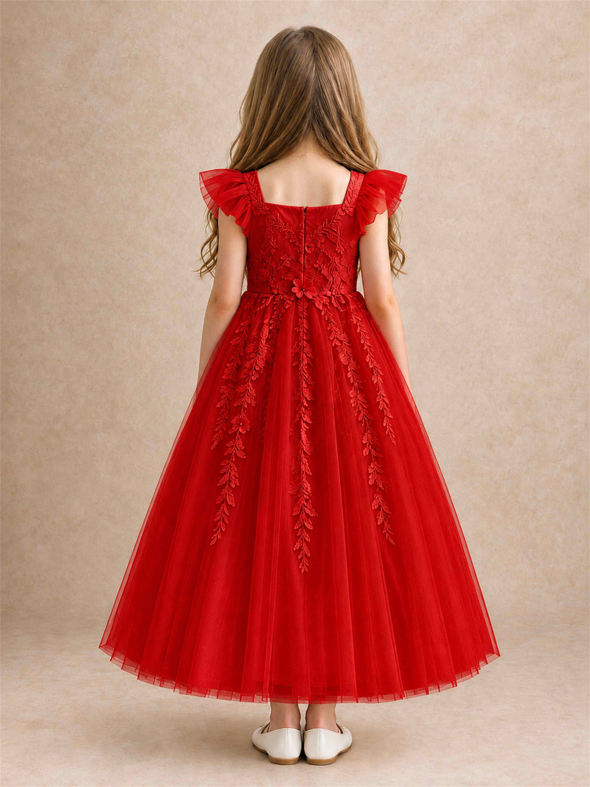 Girls Lace Tulle Flower Girl Dress Square Neck Ruffle Sleeve Princess Gown for Wedding First Communion