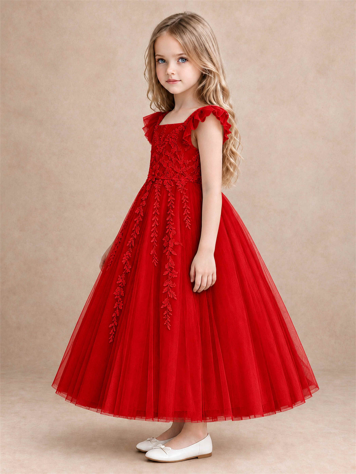 Girls Lace Tulle Flower Girl Dress Square Neck Ruffle Sleeve Princess Gown for Wedding First Communion