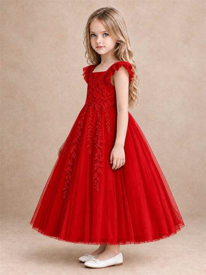 Girls Lace Tulle Flower Girl Dress Square Neck Ruffle Sleeve Princess Gown for Wedding First Communion
