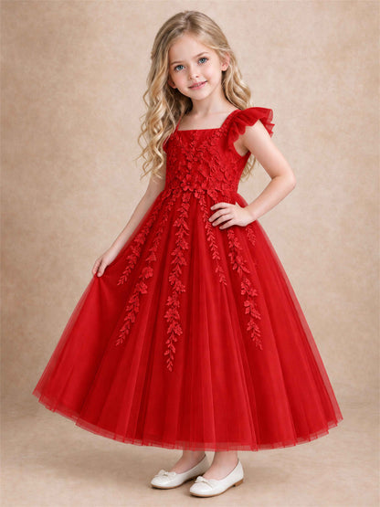 Girls Lace Tulle Flower Girl Dress Square Neck Ruffle Sleeve Princess Gown for Wedding First Communion