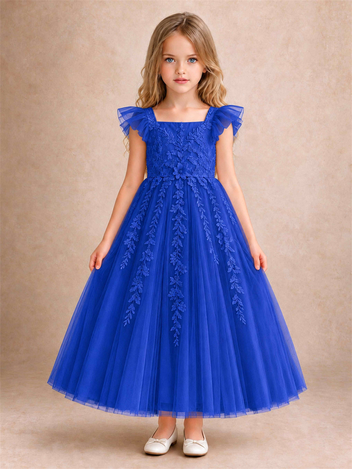Girls Lace Tulle Flower Girl Dress Square Neck Ruffle Sleeve Princess Gown for Wedding First Communion