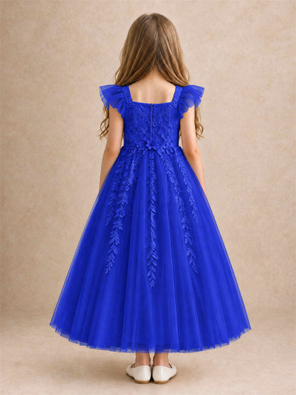Girls Lace Tulle Flower Girl Dress Square Neck Ruffle Sleeve Princess Gown for Wedding First Communion