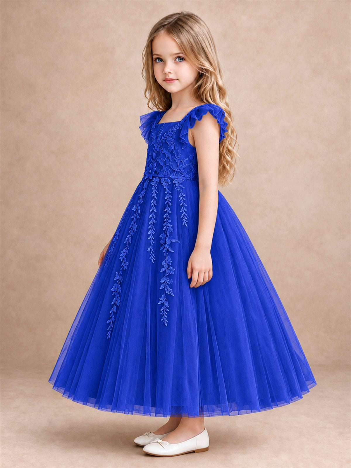 Girls Lace Tulle Flower Girl Dress Square Neck Ruffle Sleeve Princess Gown for Wedding First Communion