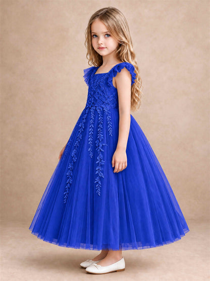 Girls Lace Tulle Flower Girl Dress Square Neck Ruffle Sleeve Princess Gown for Wedding First Communion