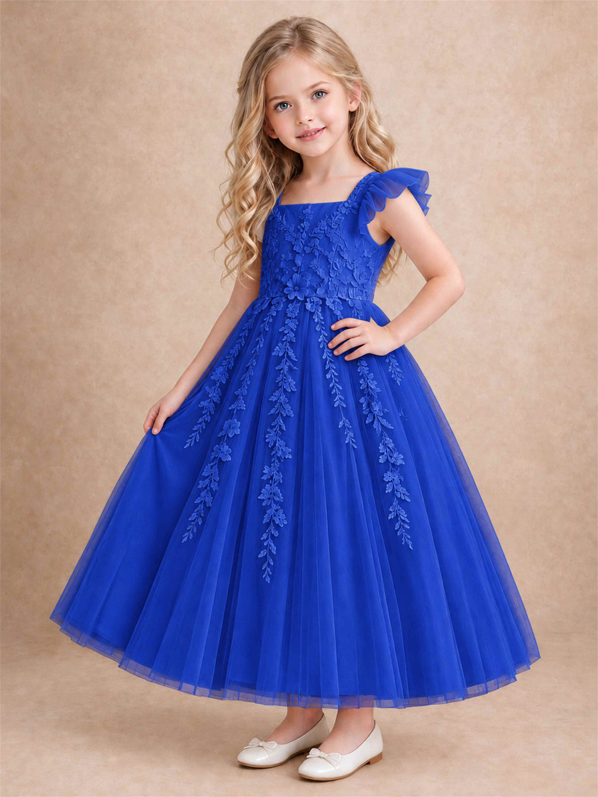 Girls Lace Tulle Flower Girl Dress Square Neck Ruffle Sleeve Princess Gown for Wedding First Communion