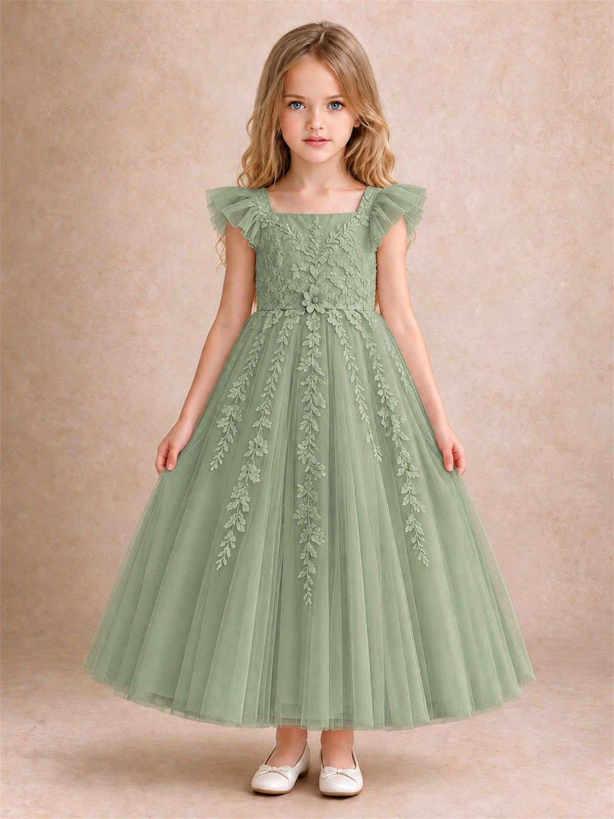 Girls Lace Tulle Flower Girl Dress Square Neck Ruffle Sleeve Princess Gown for Wedding First Communion