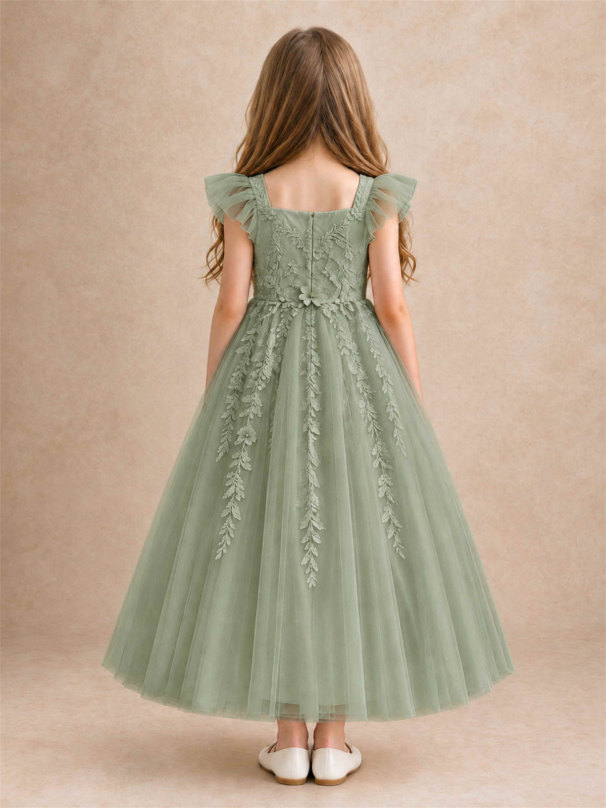 Girls Lace Tulle Flower Girl Dress Square Neck Ruffle Sleeve Princess Gown for Wedding First Communion