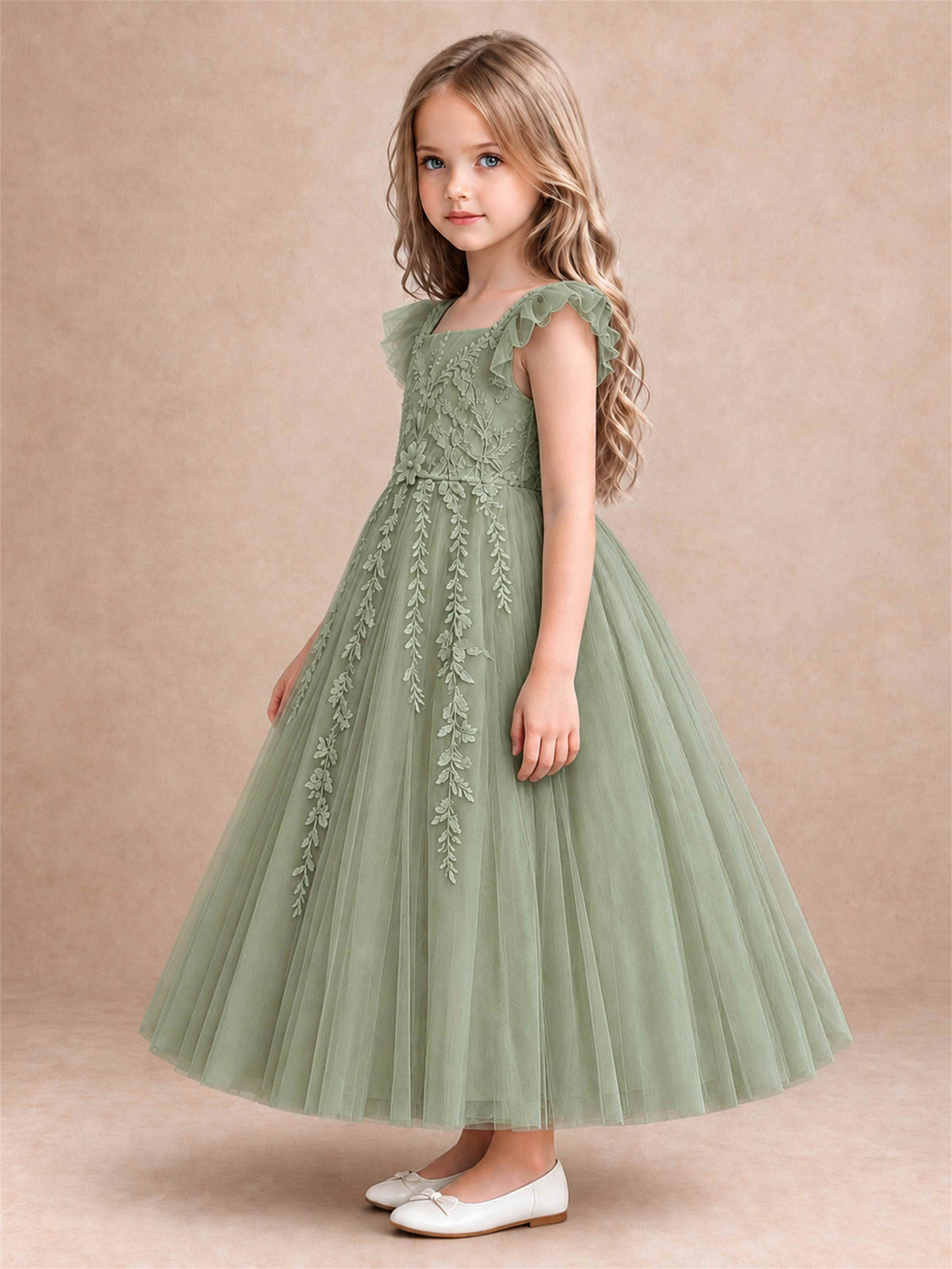 Girls Lace Tulle Flower Girl Dress Square Neck Ruffle Sleeve Princess Gown for Wedding First Communion