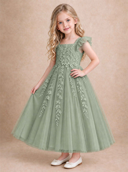 Girls Lace Tulle Flower Girl Dress Square Neck Ruffle Sleeve Princess Gown for Wedding First Communion